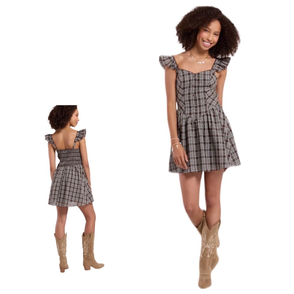 City Triangles Flutter Sleeve Brown Plaid V-Waist Dress Large NWT coastal cowgir